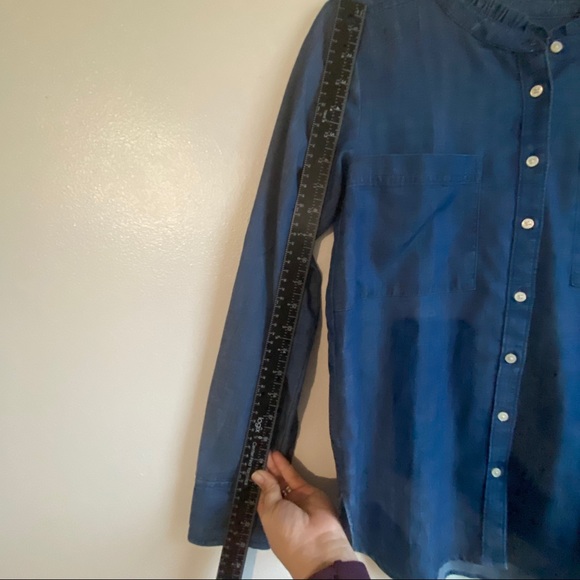 Loft Womens Denim Button Up Shirt Top Blue Ruffle Neck Long Sleeve Pockets - Picture 11 of 12
